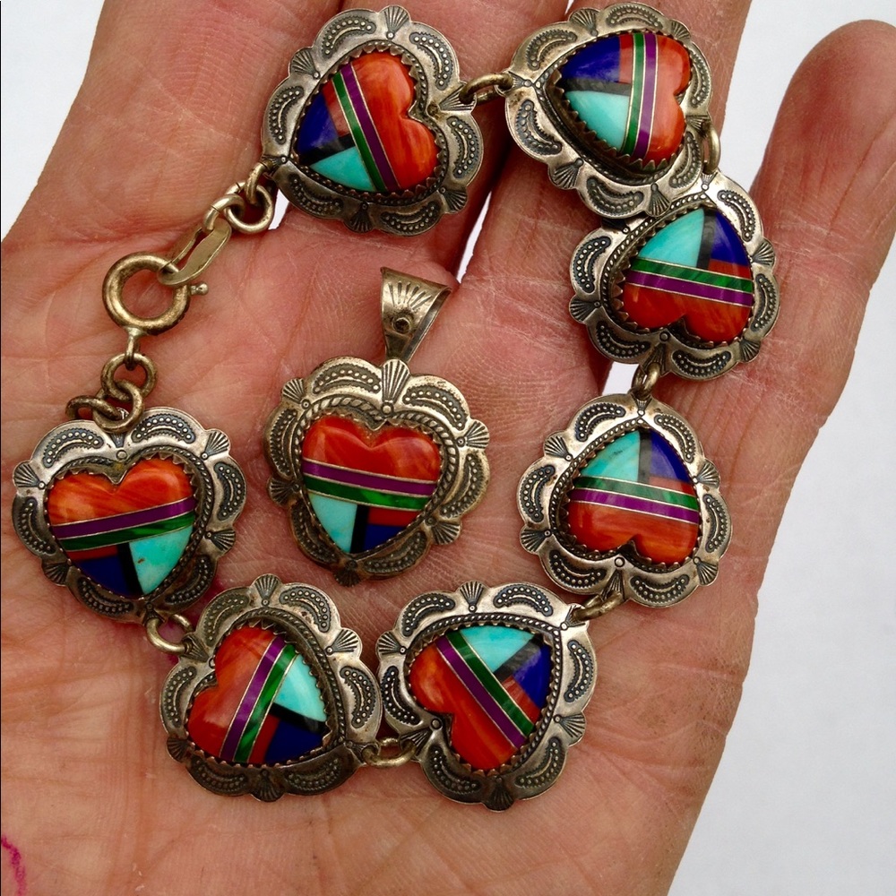 OLD CAROLYN POLLACK inlays heart bracelet/pendant